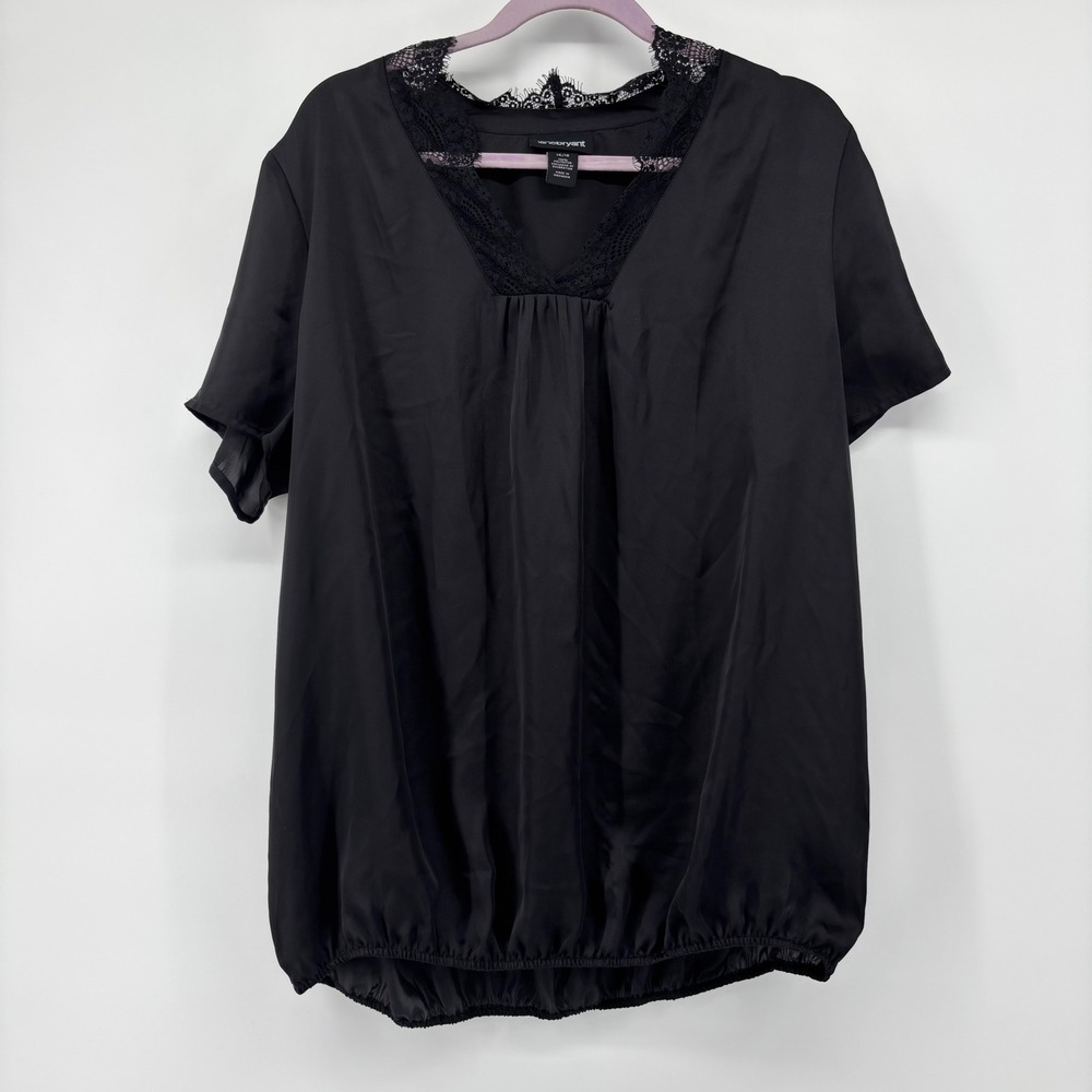 Lane‎ Bryant Black Satin Lace Trim V-Neck Bubble Hem Blouse Plus Size 14/16